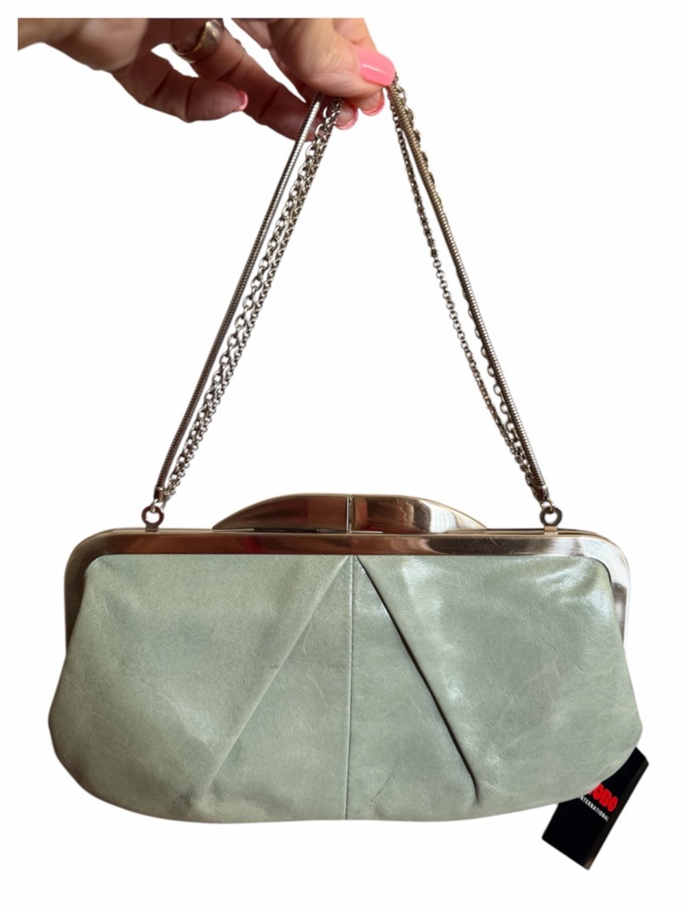 HOBO International Hayward Leather Frame Clutch Chain Bag Sage Green NWT